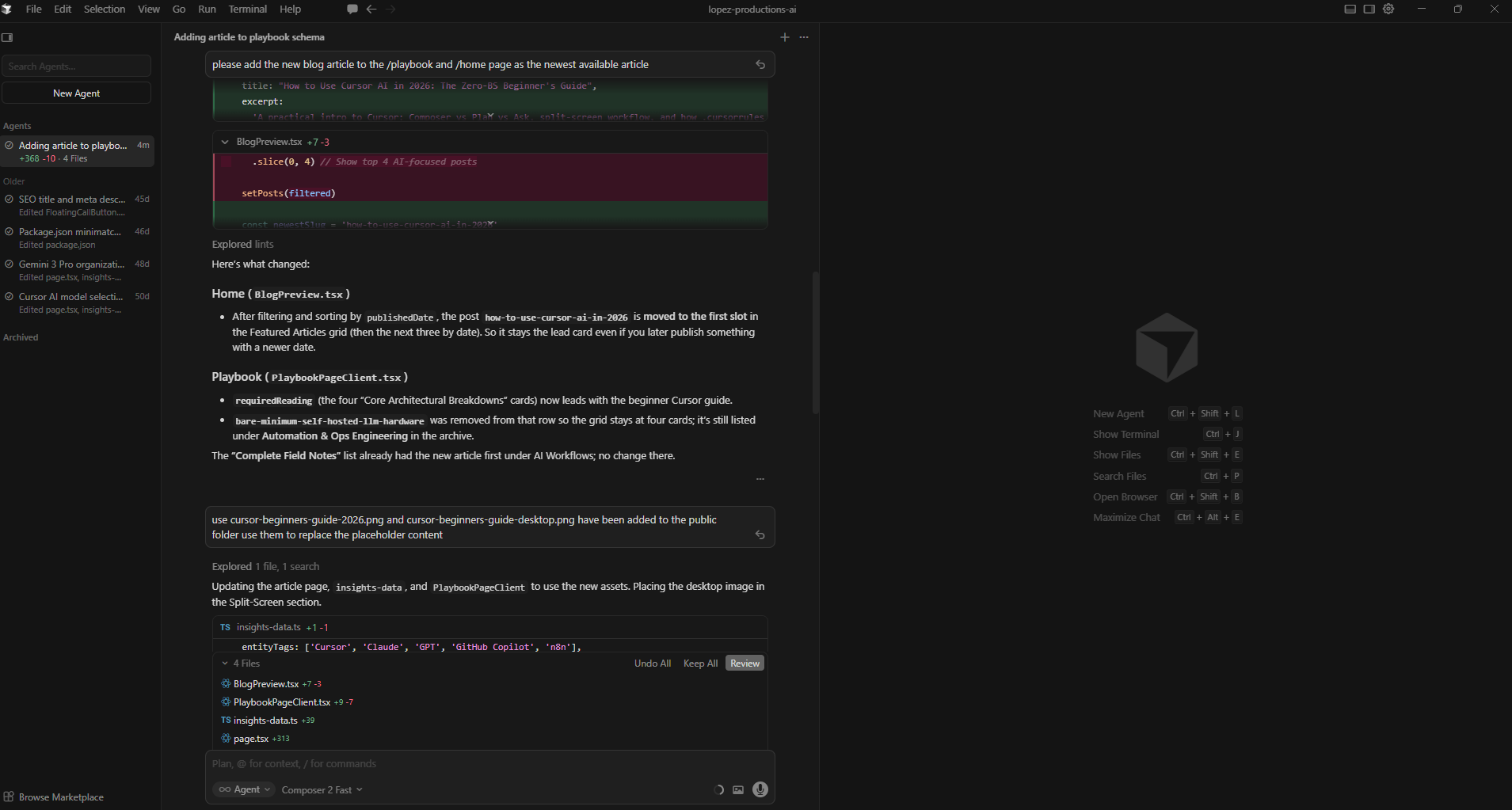 Cursor Agent (Composer) view for chatting with the model and running agent tasks