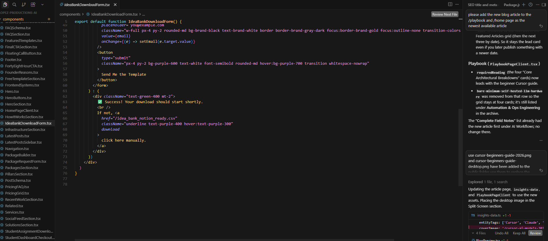 Cursor Editor view with code files and the main editing surface