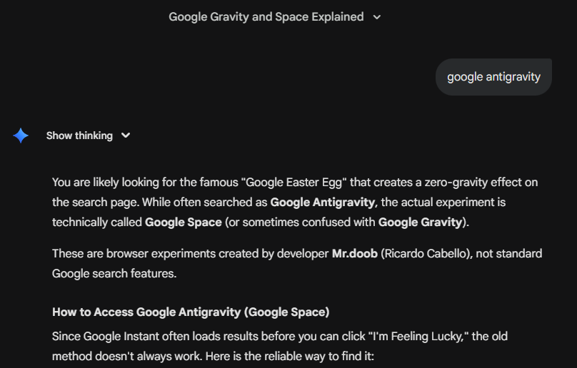 Gemini search results showing Google Antigravity as browser Easter eggs