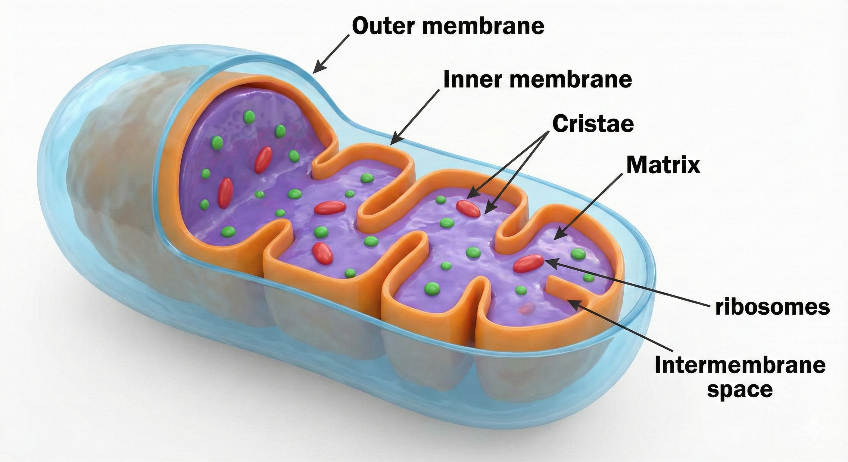 3D cutaway educational render of a Mitochondrion with labeled parts