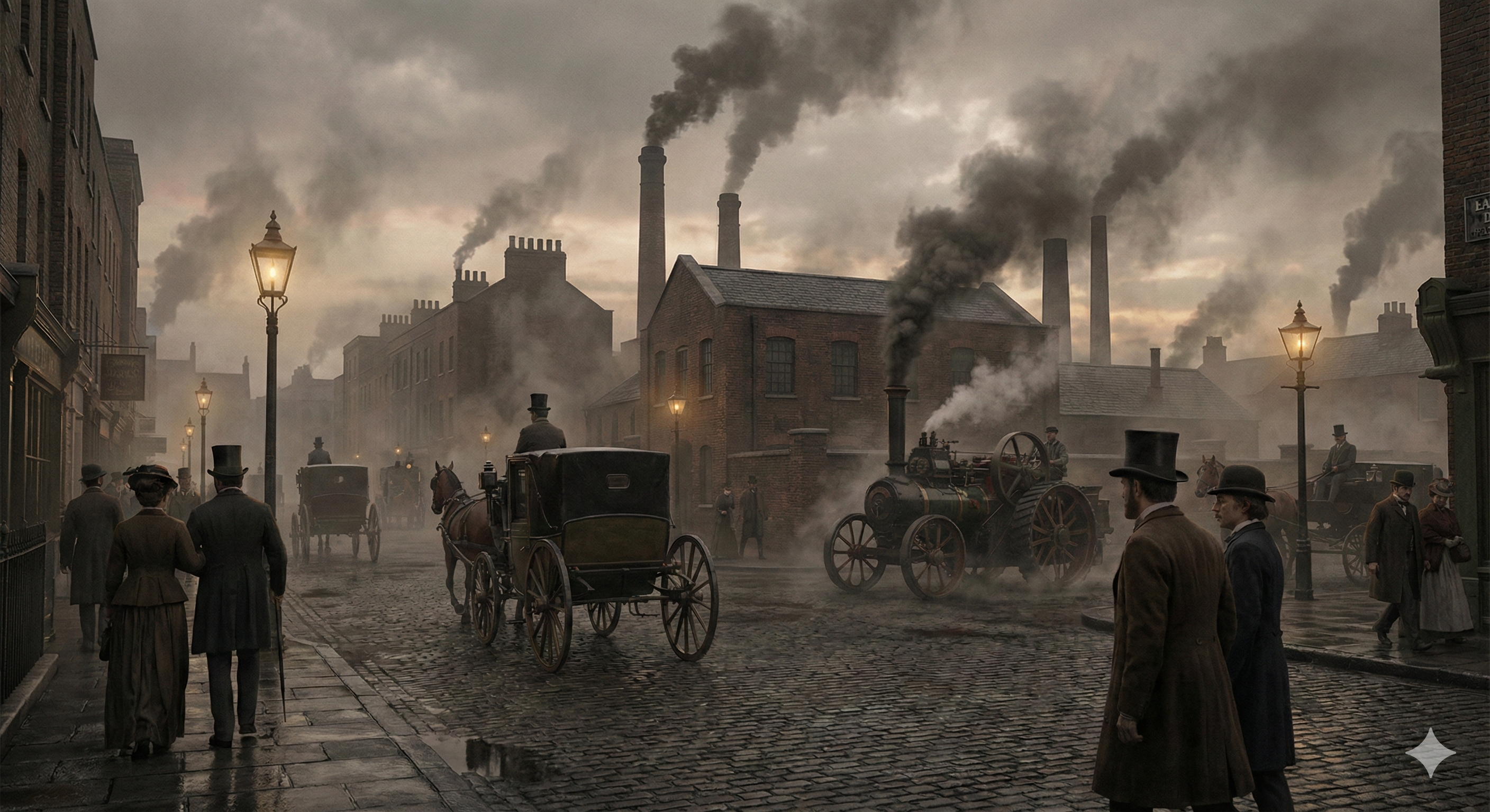 Photorealistic cinematic shot of a busy London street during the Industrial Revolution