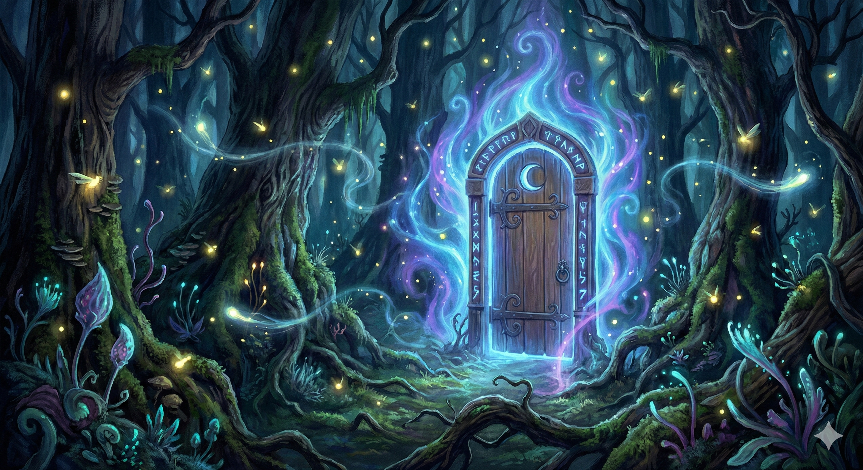 A mysterious glowing door in the middle of a dense, dark forest - fantasy art style writing prompt